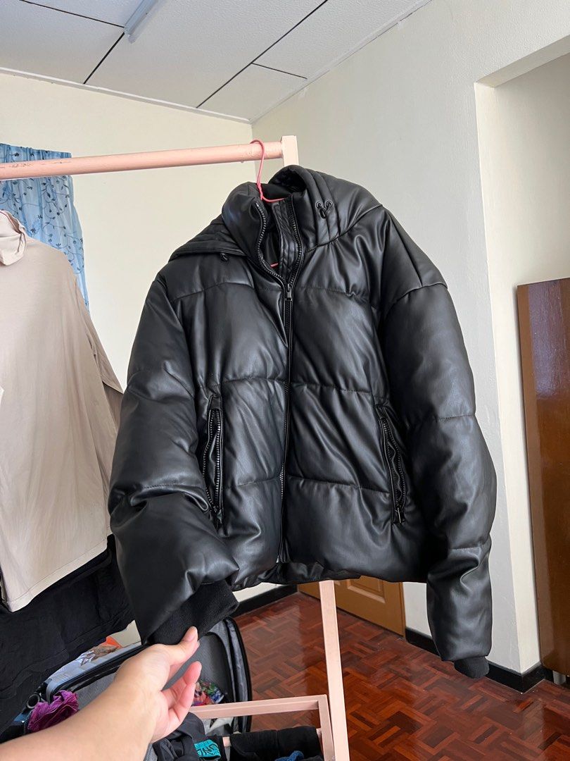 Zara black on sale leather puffer jacket
