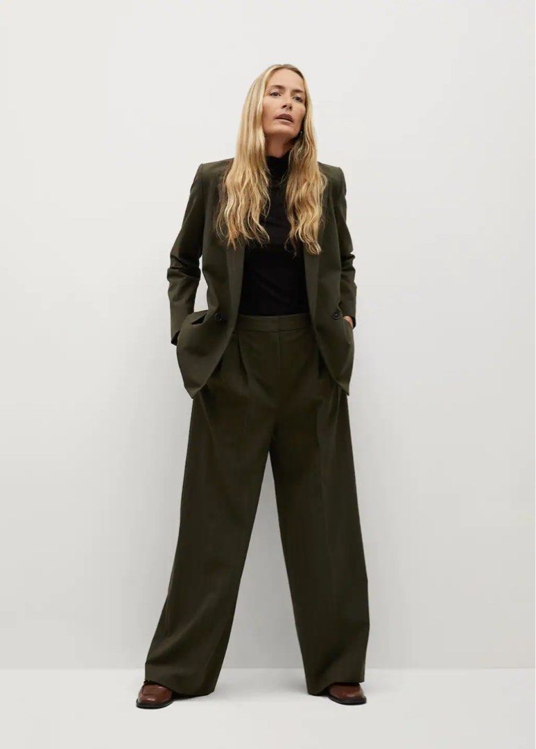 BNWT MANGO pinstripe suit blazer jacket low cut V neck olive green avocado oversized relaxed retro 90s XS EU 34 Tiktok preppy Ivycore dark academia