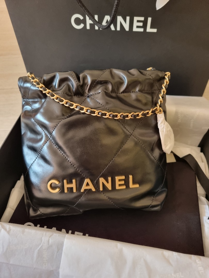 Chanel Black Quilted Calfskin Mini 22 Gold Hardware, 2023 (Like New), Womens Handbag