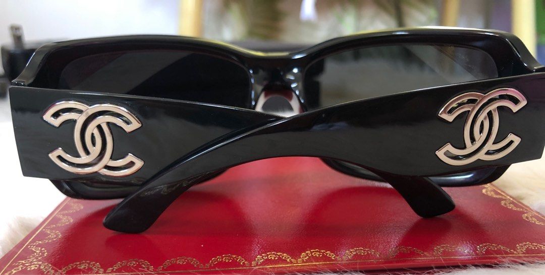 Authentic CHANEL Sunglasses 6018 Square CC Signature Sunglasses, Black  Over-Sized Sunglasses with Large Pierced Silver Tone CC Logos