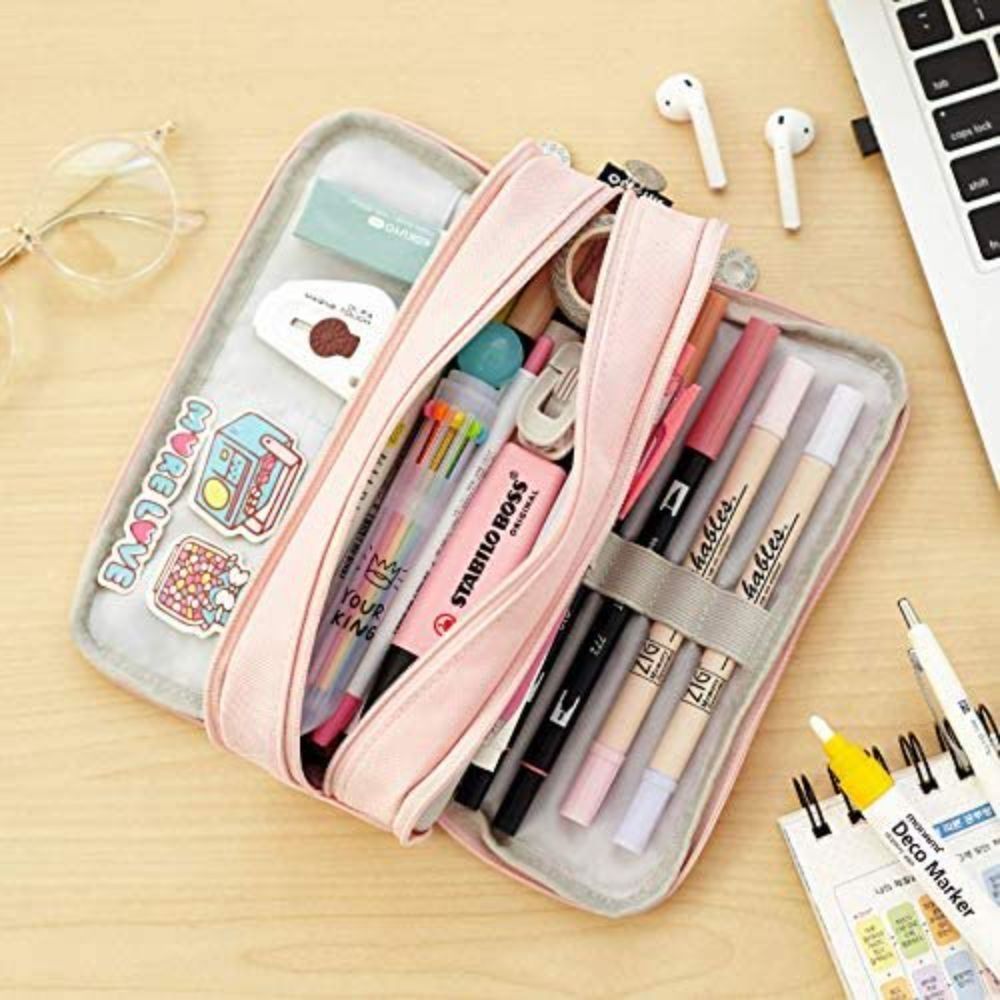 Double Sided Pencil Case Pen Bag Canvas Pocket Storage Pouch Stationery  School