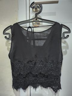 FLASH SALE Black Cropped Blouse with Lace Trim and Tie-Up Back