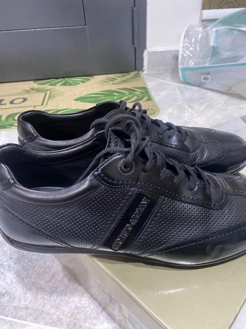 Giorgio Armani Black Leather Trainers Men s Fashion Footwear