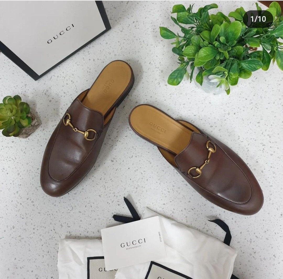 Gucci Princetown Leather Horsebit Mule Slipper Flat Brown Size 38