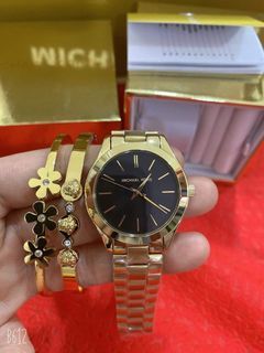 MK SET WITH BANGLES SLIM RUNWAY BLACK DIAL AUTHENTIC WATCH
