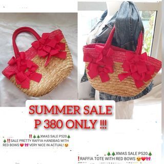 PRETTY RAFFIA TOTE HANDBAG WITH RED BOWS