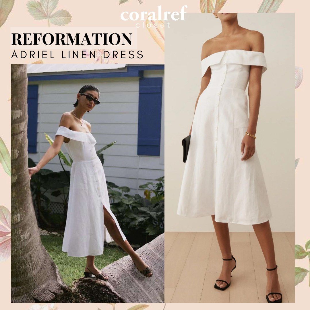 White linen clearance off shoulder dress