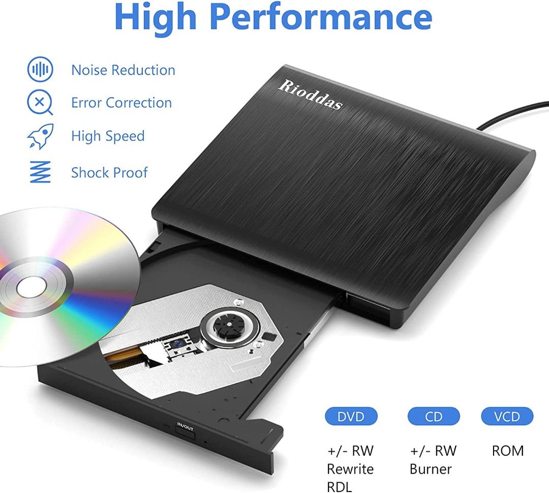 Rioddas External CD Drive, USB 3.0 Portable CD/DVD +/-RW Drive