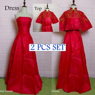Size S-M Fashion Women Chinese Traditional Cheongsam Lace 2pcs Set Maxi Long Wedding Dinner Dress