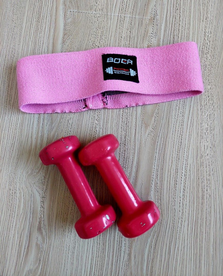 TAKE ALL exercise tools (Category: Weights & Dumbbells) located in Quezon City. Submitted by resells_choice (Listing ID 1222254141, Image 1). Description: Still in good conditions Quality materials 3Lbs dumbells weight Medium resistance band Pick up in cubao.