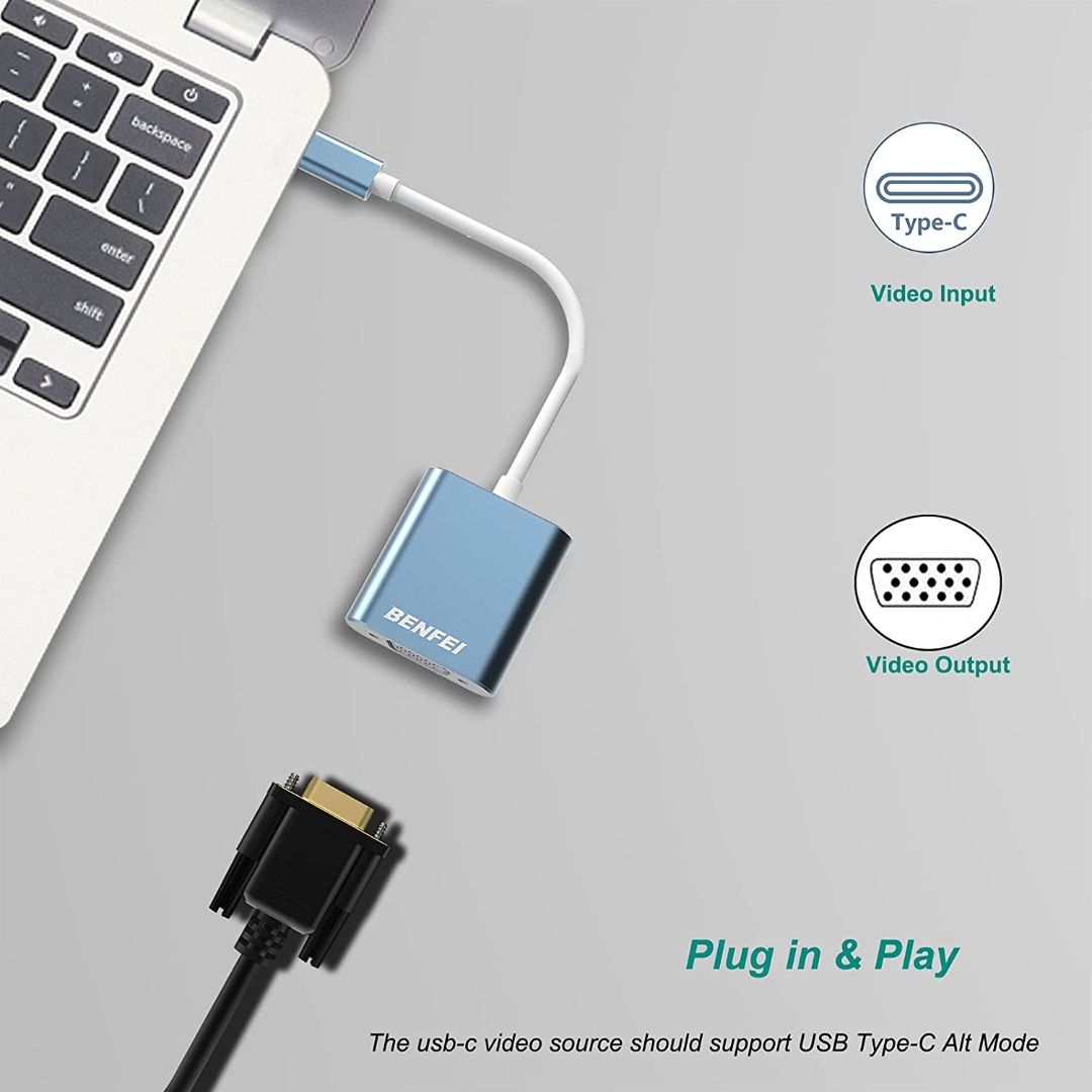 USBC to VGA Adapter, Benfei Thunderbolt 3 (USB Type C) to VGA Adapter