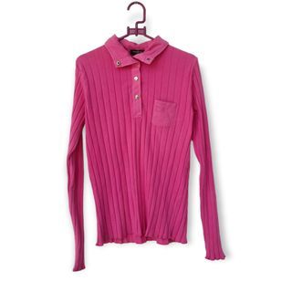 Women's Polo Y2K collar long sleeve knit plain solid ordinary top vertical stripe tight show thin basic  T-shirts -knitwear fuchia polo burberry