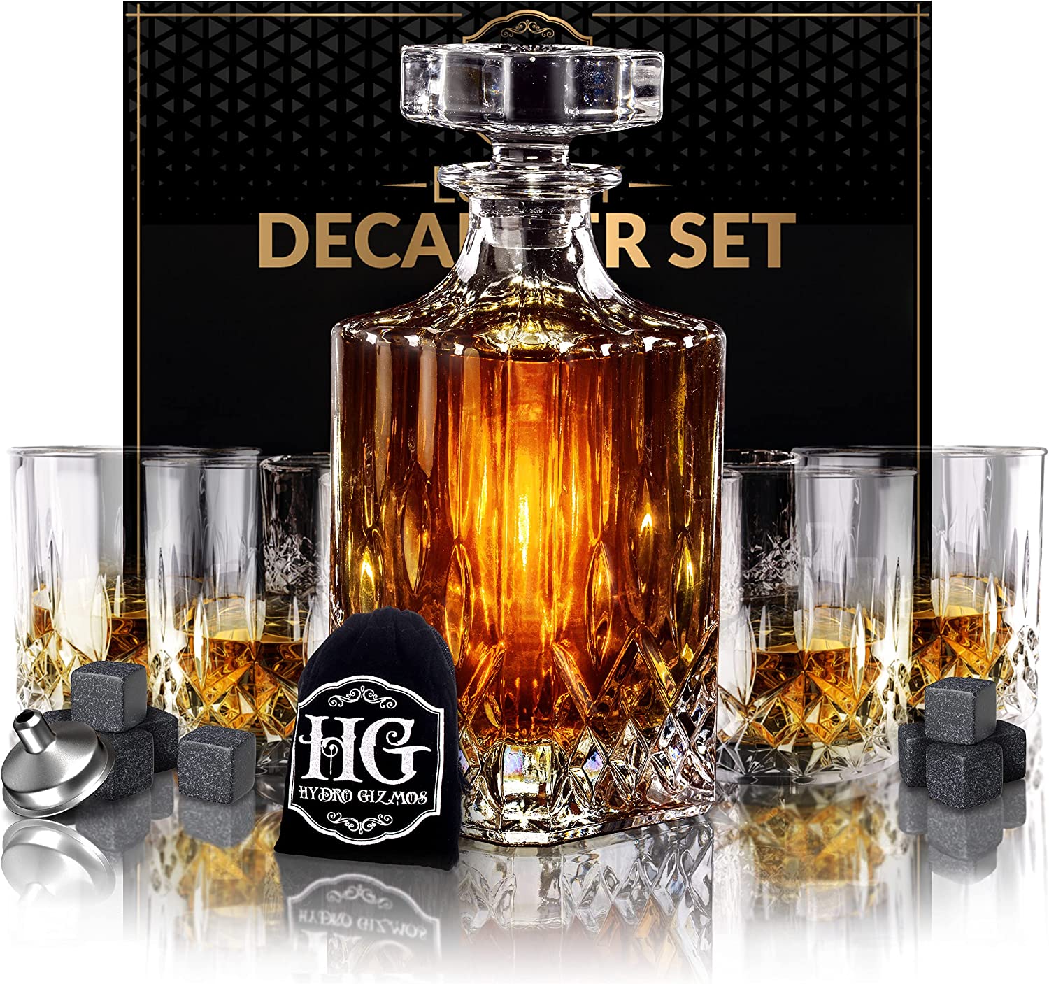 Whiskey Decanter Set for Men with 4 Glasses and 9 Cooling Whisky