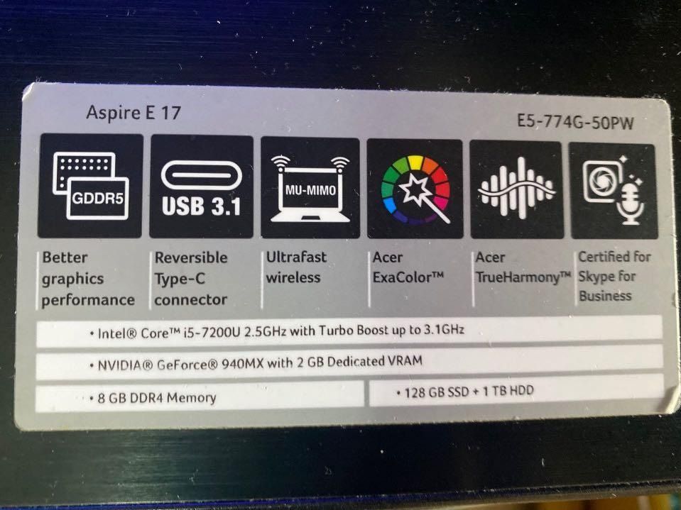手提電腦Acer Aspire E17, i5-7200U, 8GB RAM, Geforce 940MX, 電腦