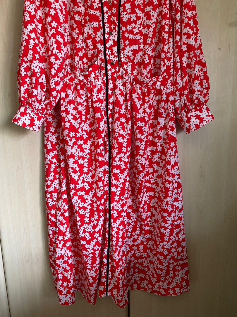 AUTH TOPSHOP OVERSIZED BRIGHT RED FUN FLORAL V NECK DRESS WITH POCKETS