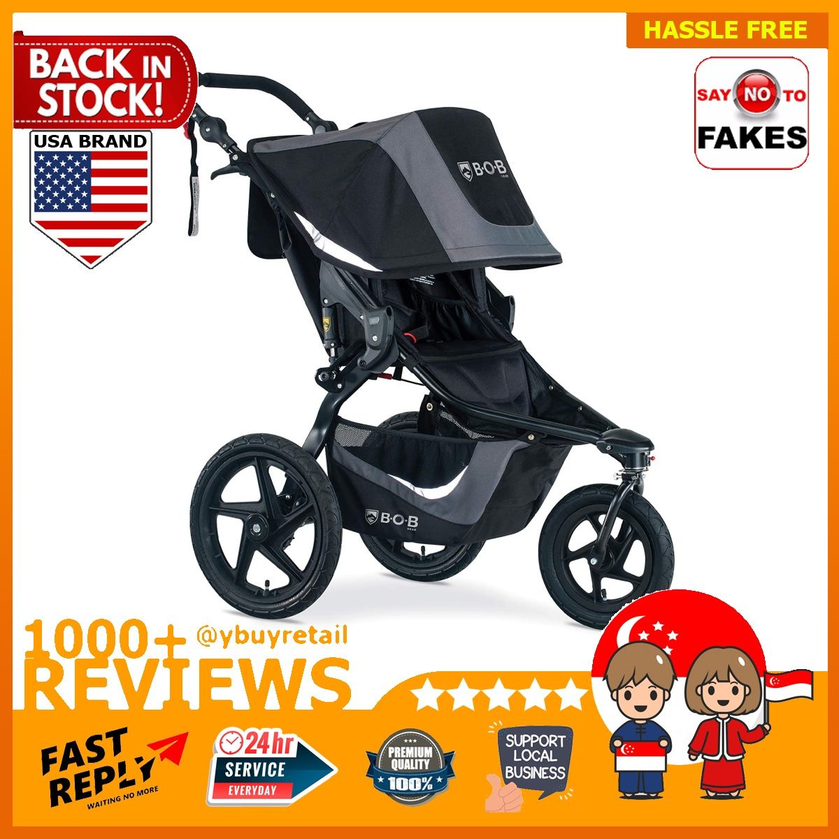 BML BOB Gear Revolution Flex 3.0 Jogging Stroller Smooth Ride Suspension Easy Fold Adjustable Handlebar Graphite Black New Logo