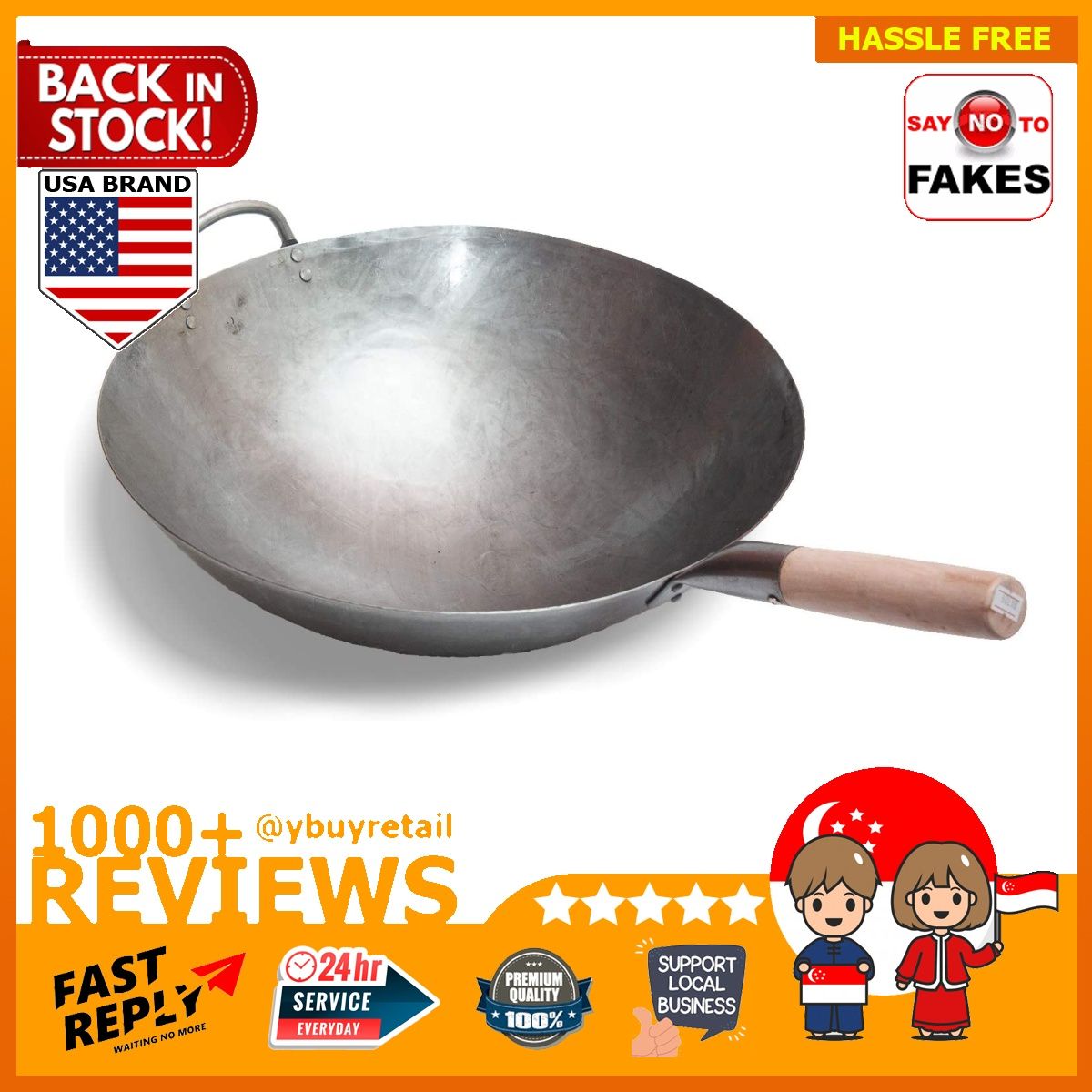 Craft Wok Flat Hand Hammered Carbon Steel Pow Wok with Wooden and Steel Helper Handle (14 inch, Flat Bottom) 731W316