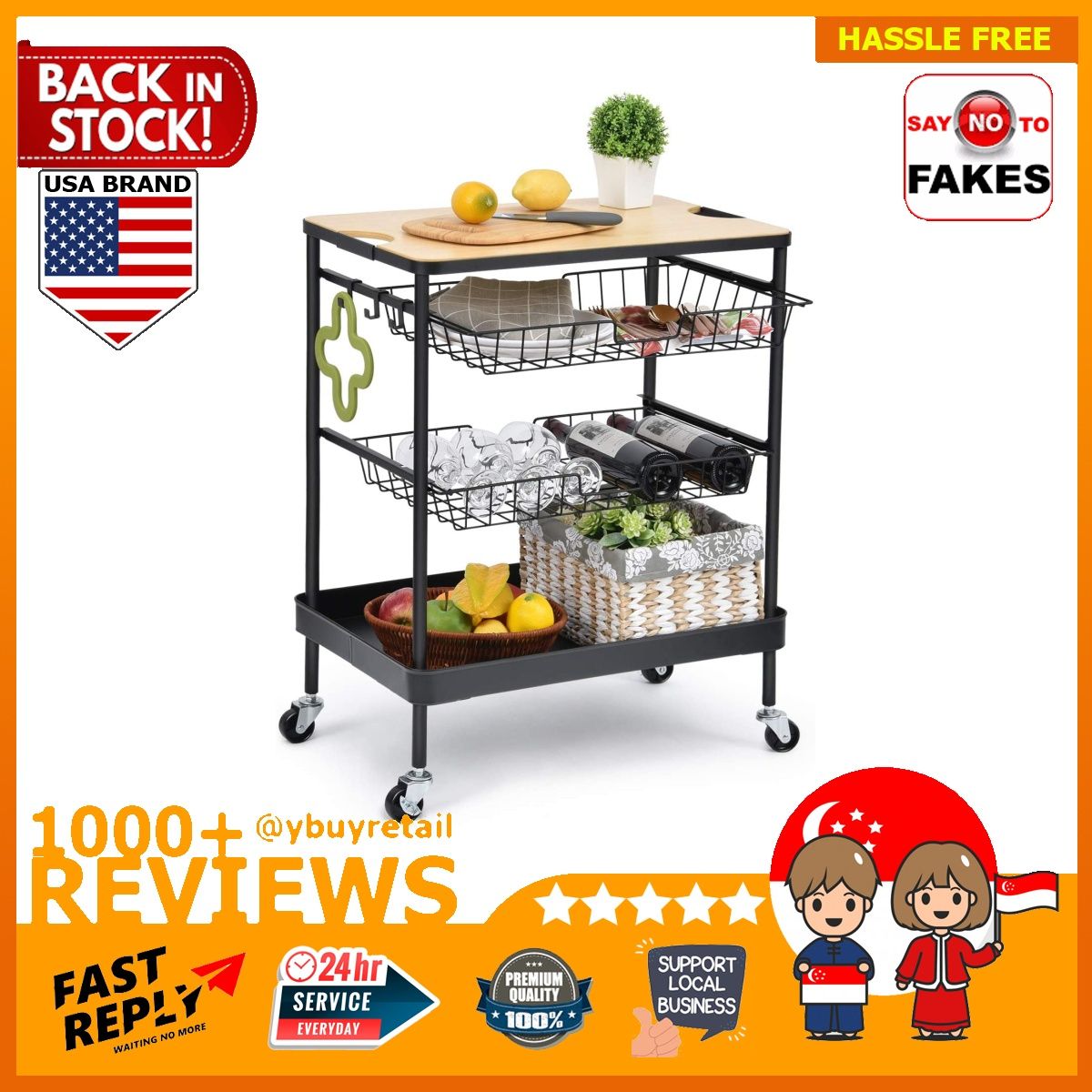 [BML] Kitchen Island Serving Cart with Utility Wood Tabletop, 4Tier