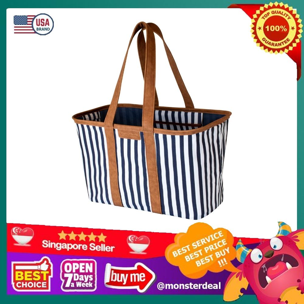 CleverMade 30L SnapBasket LUXE Reusable Collapsible Durable Grocery Shopping Bag Heavy Duty Large Structured Tote Navy Striped Everything Else on Carousell