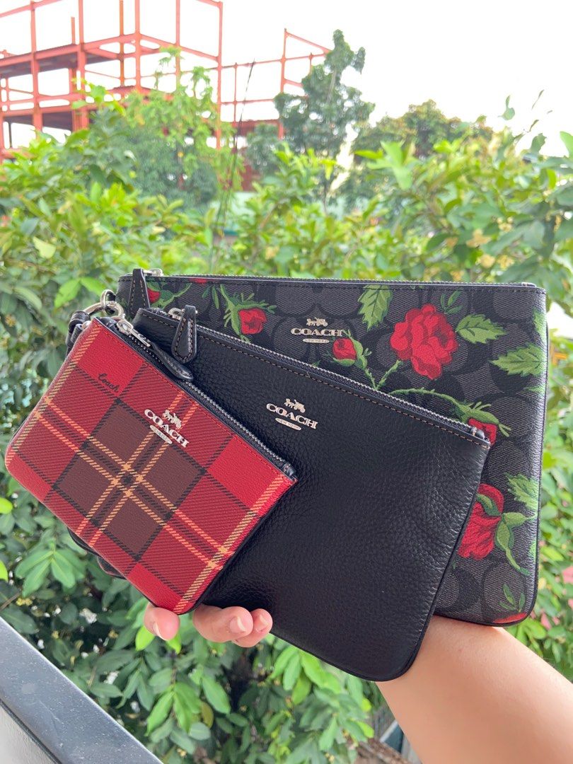 Coach Pouch Trio in Signature Canvas with Vintage Rose Print and Tartan Plaid
