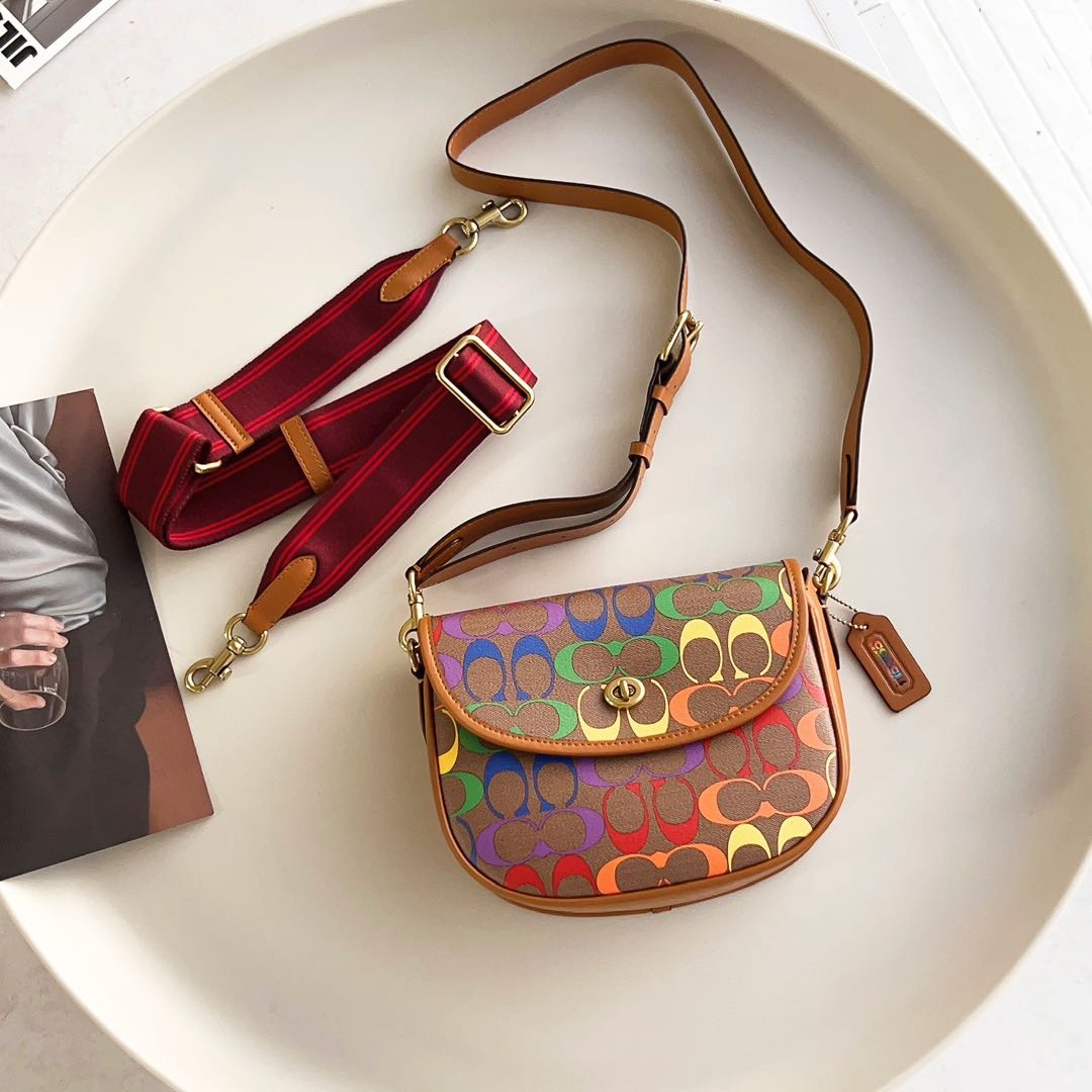 Coach Willow Saddle Bag In Rainbow Signature Canvas Women Crossbody Sling Shoulder Bag