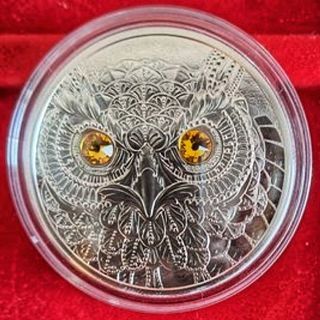 Euro 20 dollars wise owl silver coin with gemstone embedded.
