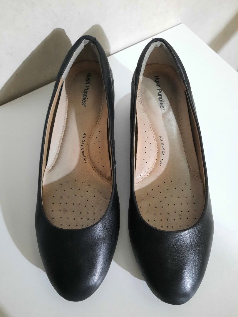 Hush Puppies Black Leather Low Block Heel Shoes