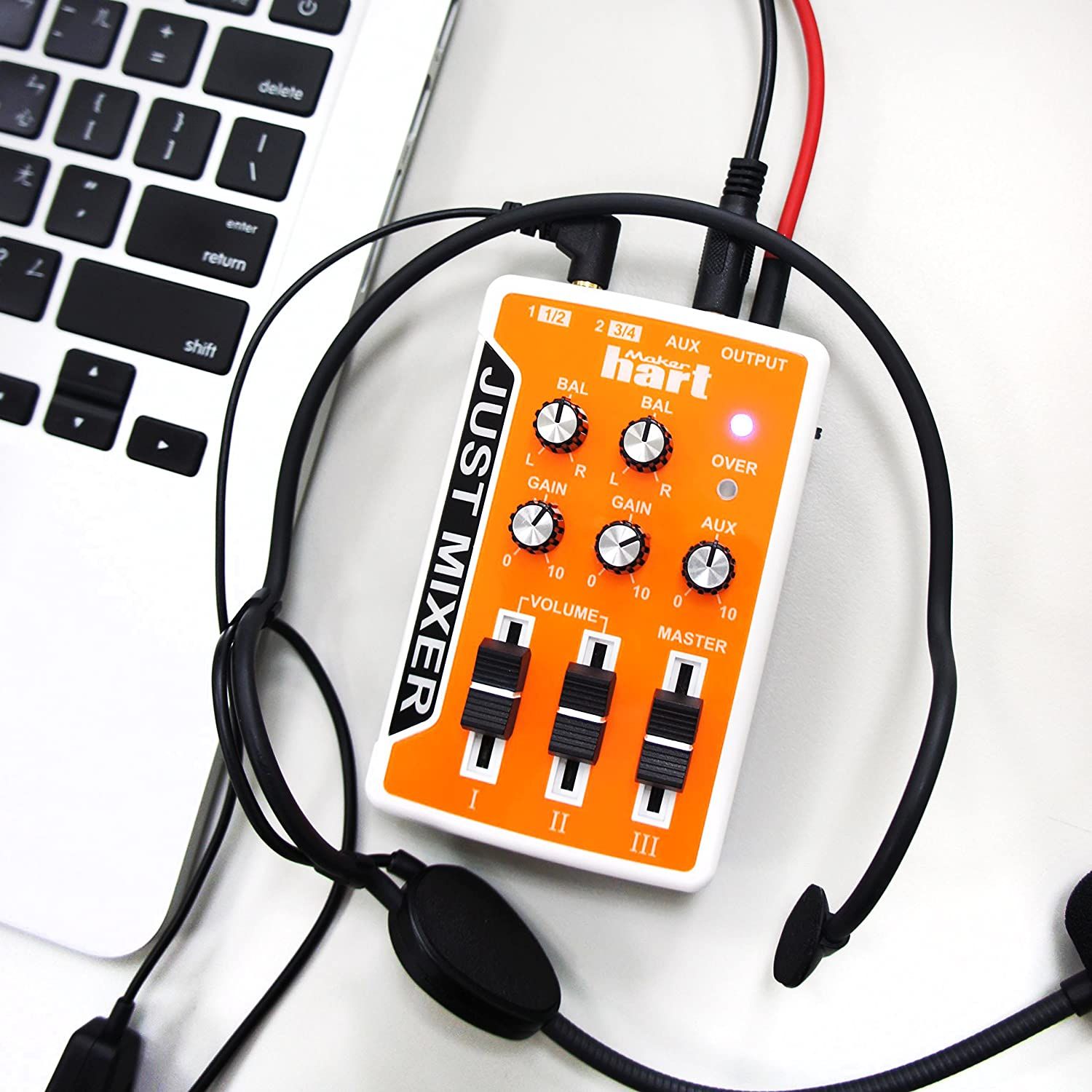 JUST MIXER Audio Mixer - Battery/USB Powered Portable Pocket Audio Mixer w/  3 Stereo Channels (3.5mm) Plus On/Off Switch/Orange