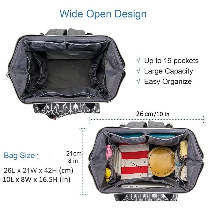 Lekebaby large diaper bag backpack for mom in grey with arrow print top