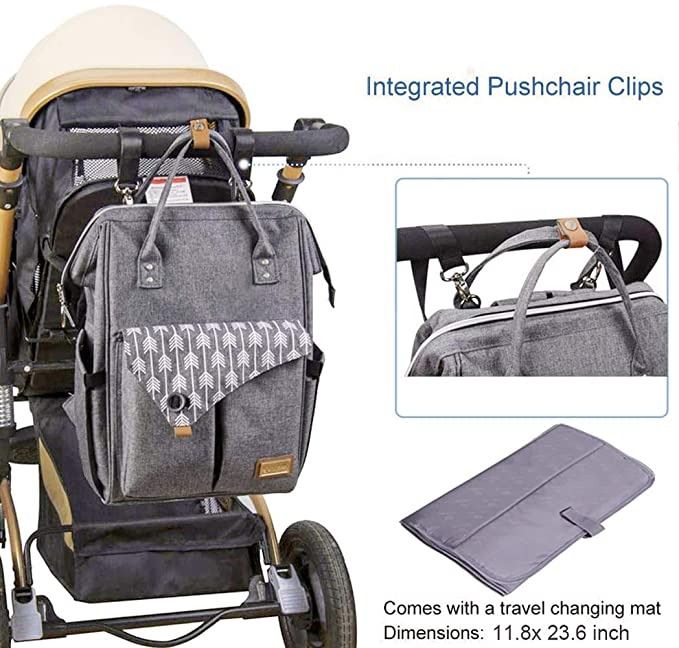 Lekebaby large diaper bag backpack for store mom in grey with arrow print