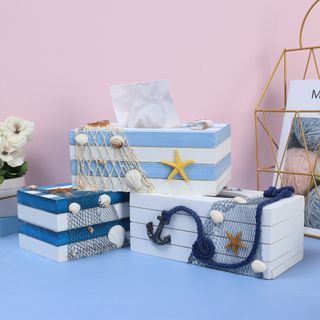 [Local Stock] Modern Blue Wooden Mediterranean Painted Decorative Sea Motifs Tissue Storage Organiser Box Holder