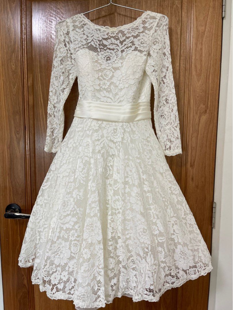 Long Sleeve Lace V Back Knee Length White Wedding Gown Women s