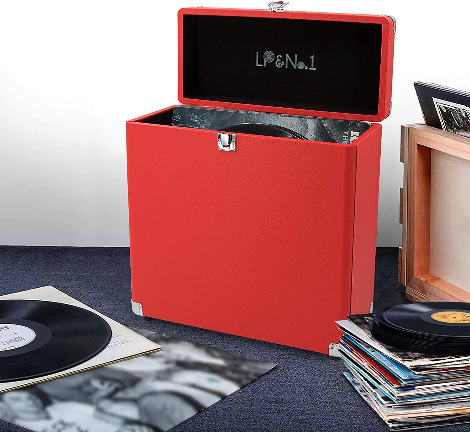 LP&No.1 Vinyl Record Storage Box,Portable Record Carrying Case for 30 ...