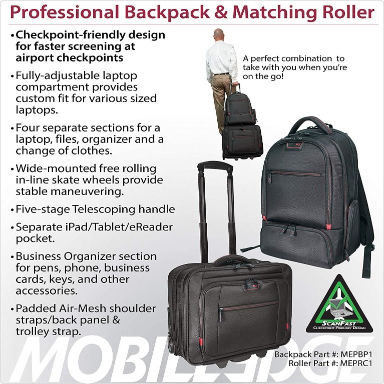 Mobile Edge Professional Rolling Laptop Case 17.3 Inch Adjustable Laptop Section Five Stage Telescoping Handle Black for Men Women Business