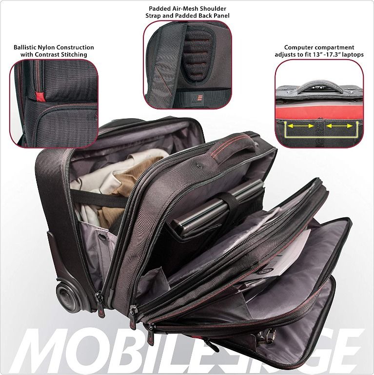 Mobile Edge Professional Rolling Laptop Case 17.3 Inch Adjustable Laptop Section Five Stage Telescoping Handle Black for Men Women Business