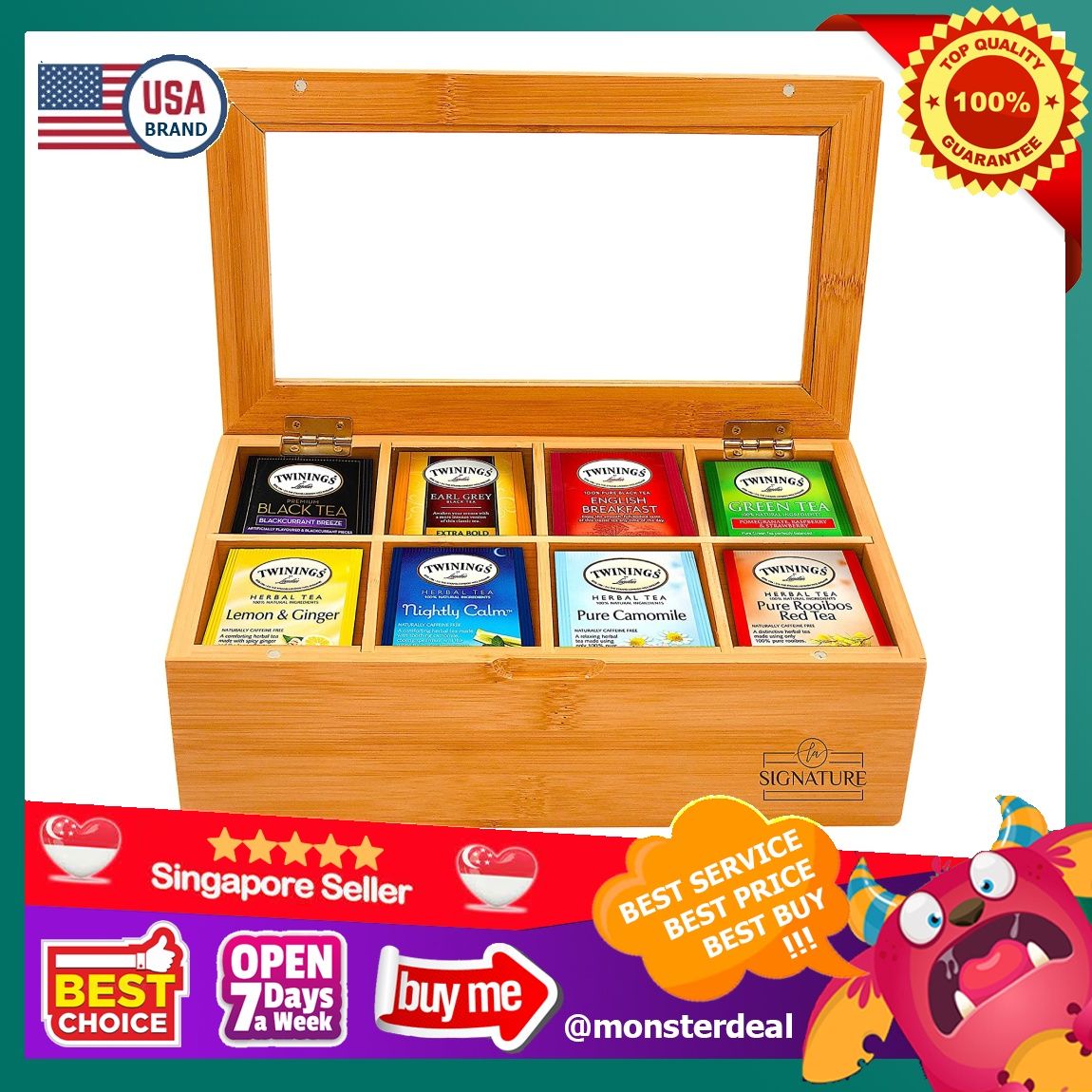 Natural Bamboo Tea Box Storage Organizer- 8 Compartments Tea Bag Holder  with Clear Glass Lid- Natural Wooden Finish Tea Storage Organizer Please  See Box Dimensions, Furniture & Home Living, Kitchenware & Tableware