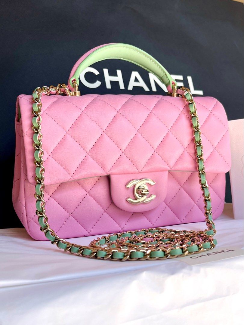 New Chanel 23P 23S Mini Rectangular Top Handle Classic Flap Retangular  Emerald Pink Green Lambskin Bag chain crossbody light gold hardware vanity  case, Luxury, Bags & Wallets on Carousell