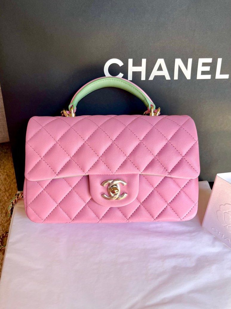 New Chanel 23P 23S Mini Rectangular Top Handle Classic Flap Retangular  Emerald Pink Green Lambskin Bag chain crossbody light gold hardware vanity  case, Luxury, Bags & Wallets on Carousell