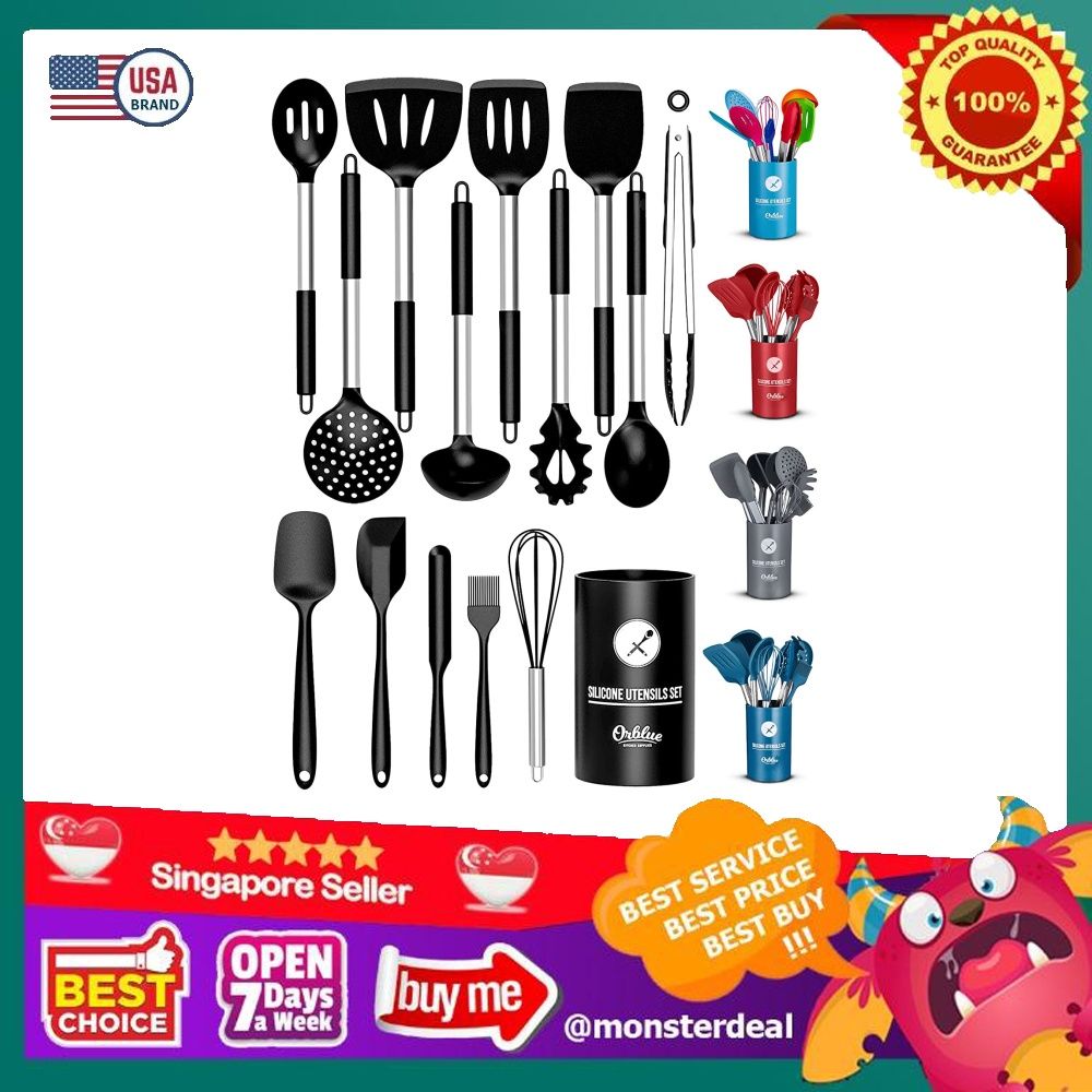 Orblue Silicone Cooking Utensil Set, 14-Piece Kitchen Utensils with Holder,  Safe Food-Grade Silicone Heads and Stainless Steel Handles with Heat-Proof