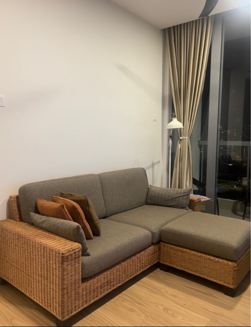 Rattan Sofa (2.5 seater) with stool, Furniture & Home Living, Furniture