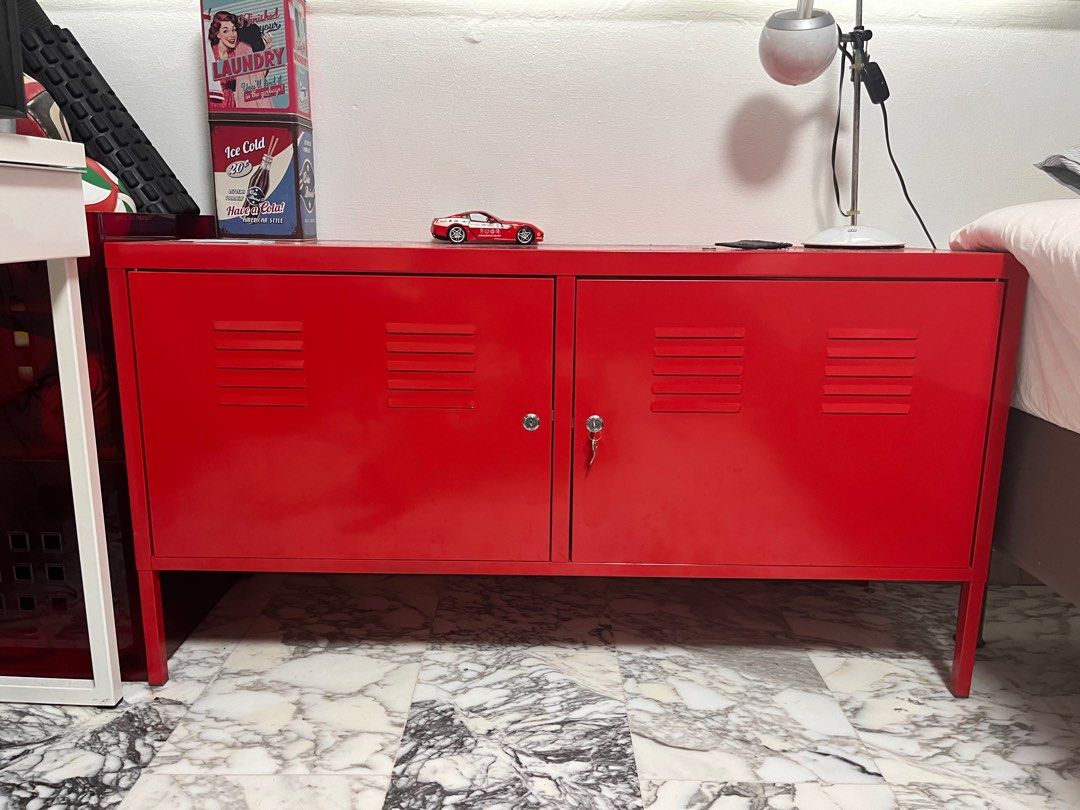 red ikea metal cabinet