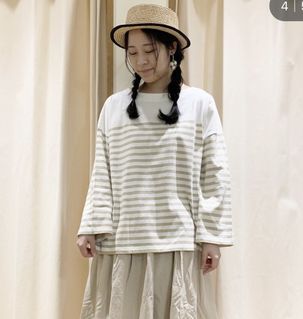 Samansa Mos2 日系米杏色間條九分袖T恤