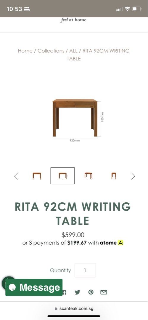 Scanteak Rita WRITING TABLE , Furniture & Home Living, Furniture ...