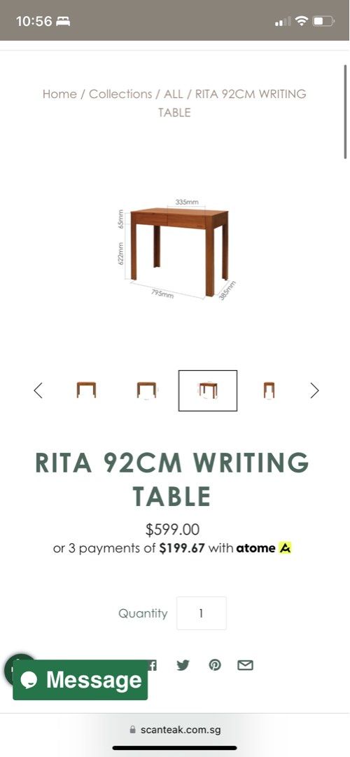 Scanteak Rita WRITING TABLE , Furniture & Home Living, Furniture ...