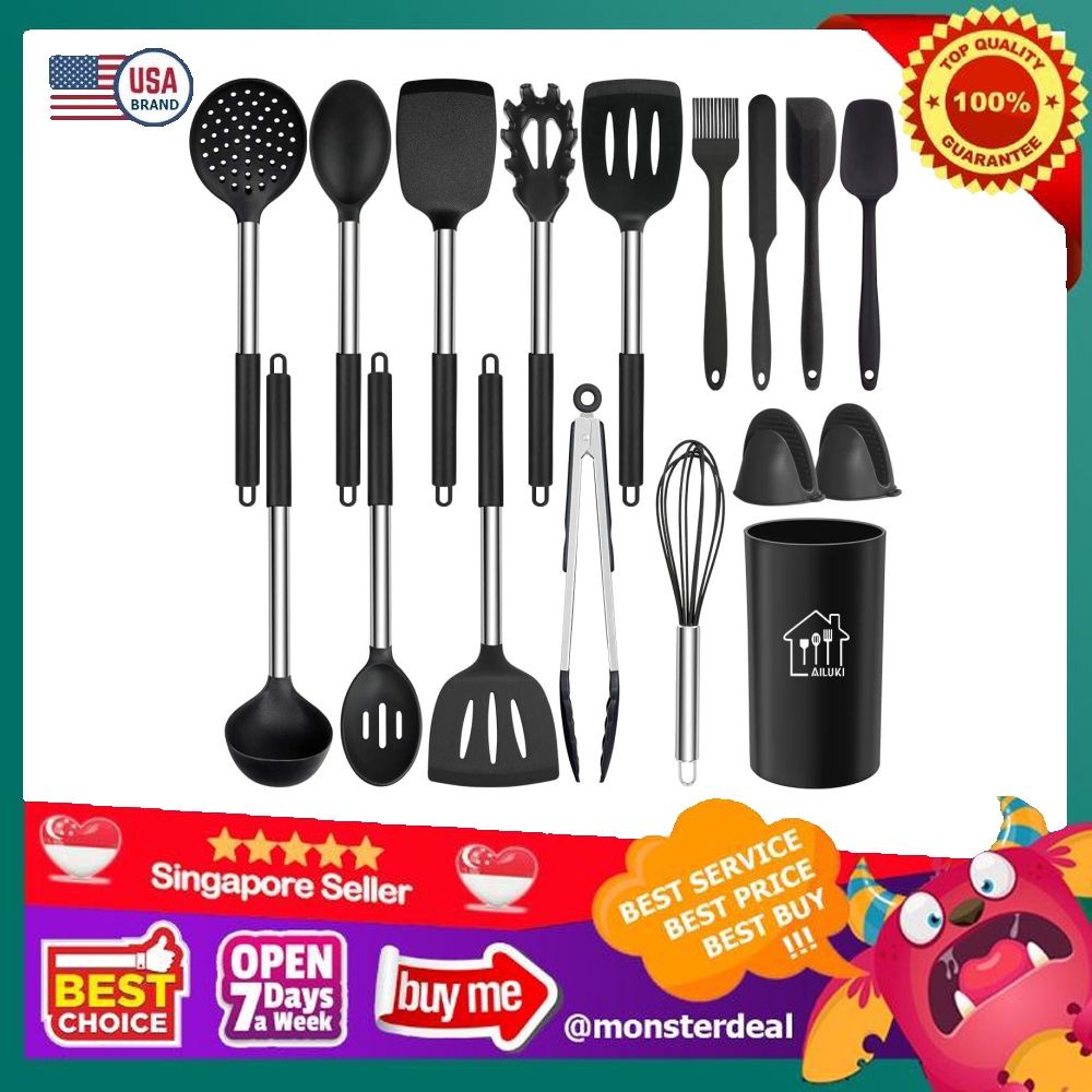 Ailuki Silicone Cooking Utensil Set,Kitchen Utensils 17 Pcs Cooking Utensils Set,Non-Stick Heat Resistant Silicone,Cookware with Stainless Steel