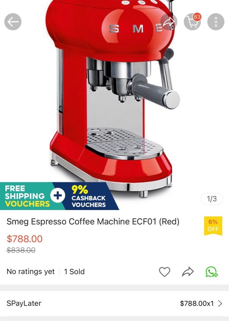 SMEG ECF01 Red Espresso Coffee Machine, TV & Home Appliances, Kitchen