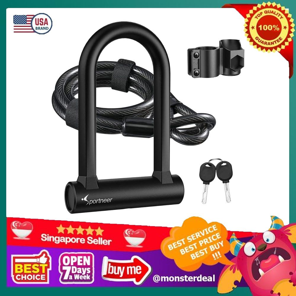 Sportneer Bike Lock Set Heavy Duty Bike U Lock with 5 Ft Security Steel Cable Bicycle U Locks with Keys and Sturdy Mounting Bracket for Road Mountain Bike Sports Equipment Bicycles