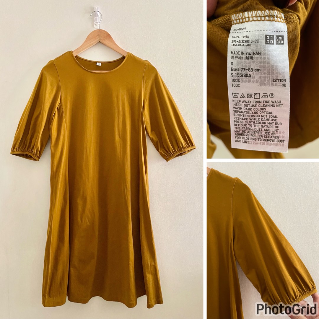 Uniqlo mustard puff sleeve midi dress, Women's Fashion, Dresses & Sets