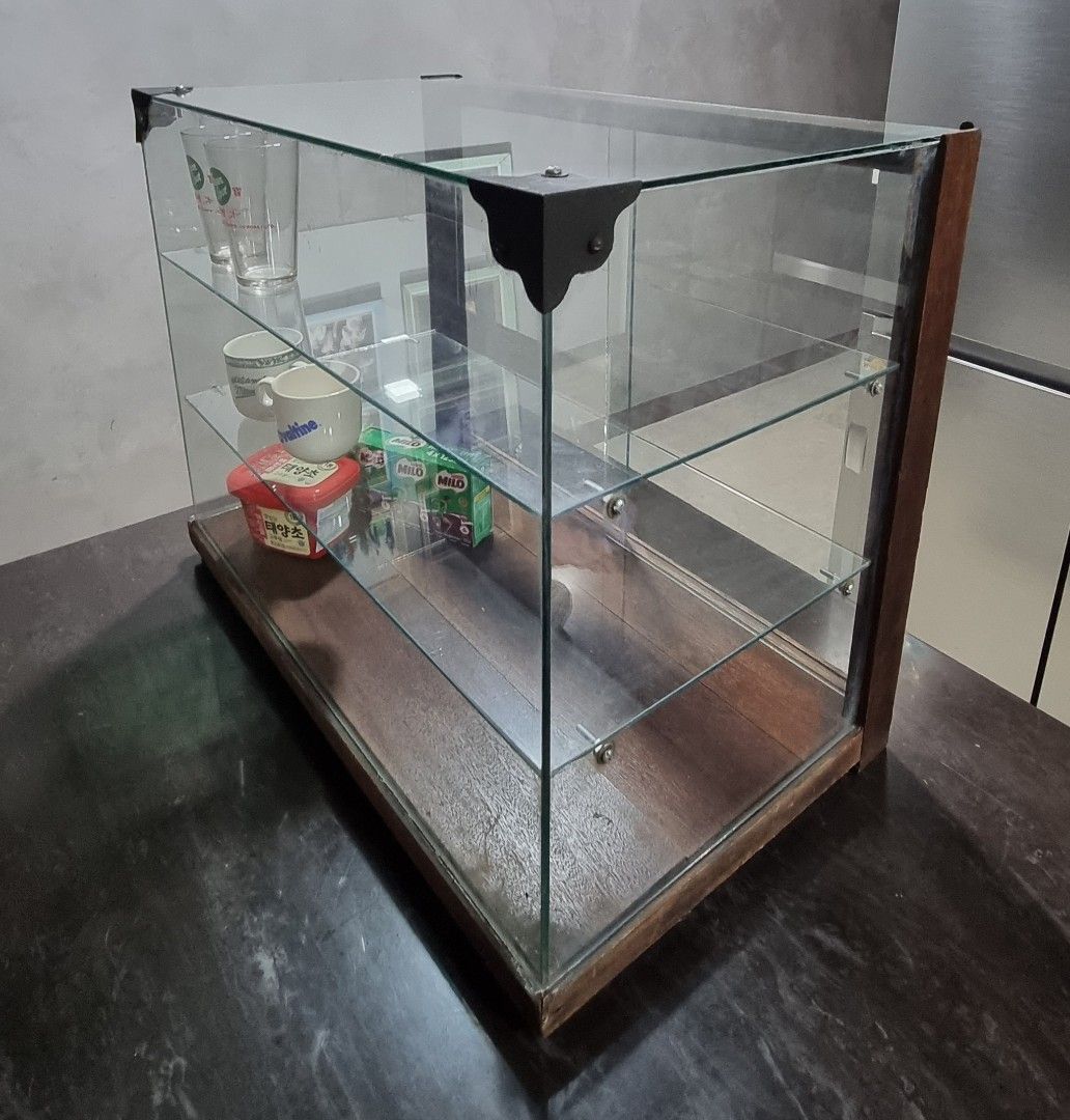 Vintage glass display with wooden base, Hobbies & Toys