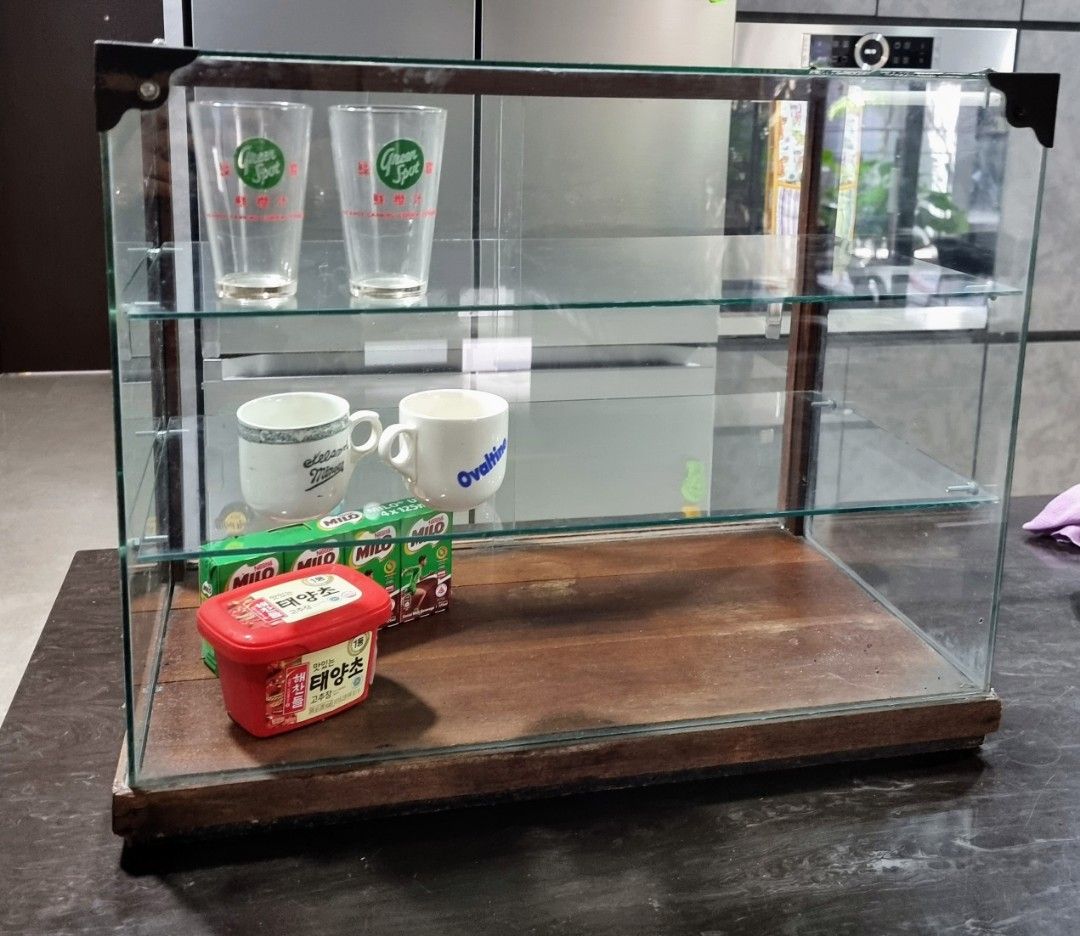 Vintage glass display with wooden base, Hobbies & Toys